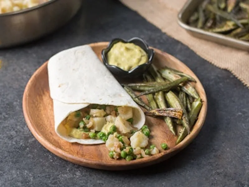 Leftover Samosa Wrap with Roasted Okra and Curried Mayo