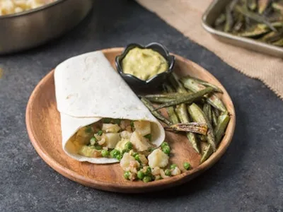 Leftover Samosa Wrap with Roasted Okra and Curried Mayo