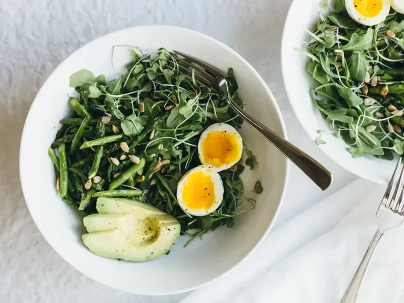 Arugula Asparagus Avocado Breakfast Salad with Soft Boiled Eggs