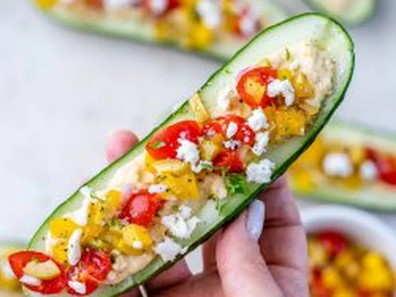 Mediterranean Cucumber Boats with Homemade Tahini Hummus