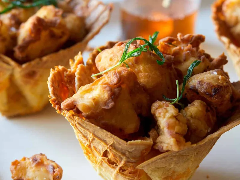 Crispy Popcorn Chicken in Cheesy Waffle Cups