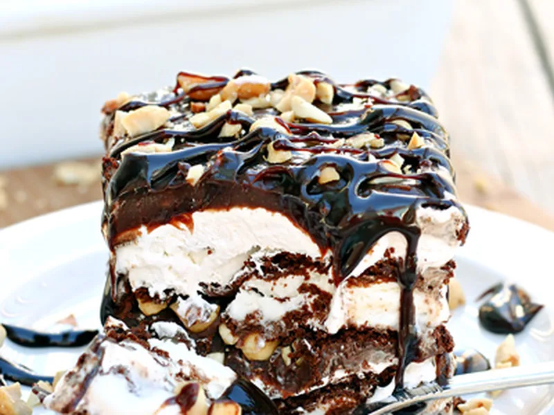 Peanut Buster Ice Cream Sandwich Cake with Hot Fudge