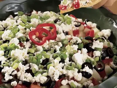 Greek Layered Dip with Crispy Baked Pita Chips