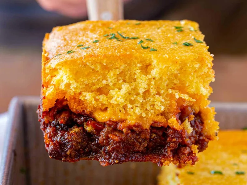BBQ Beef Cornbread Pie with Cheddar Cheese