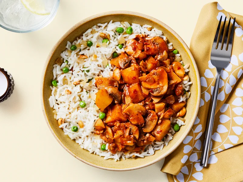 Vegan Mushroom Potato Curry Bowls with Pea-Studded Rice