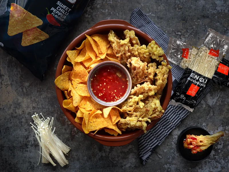 Crispy Enoki Tempura with Nachos and Chili Sauce