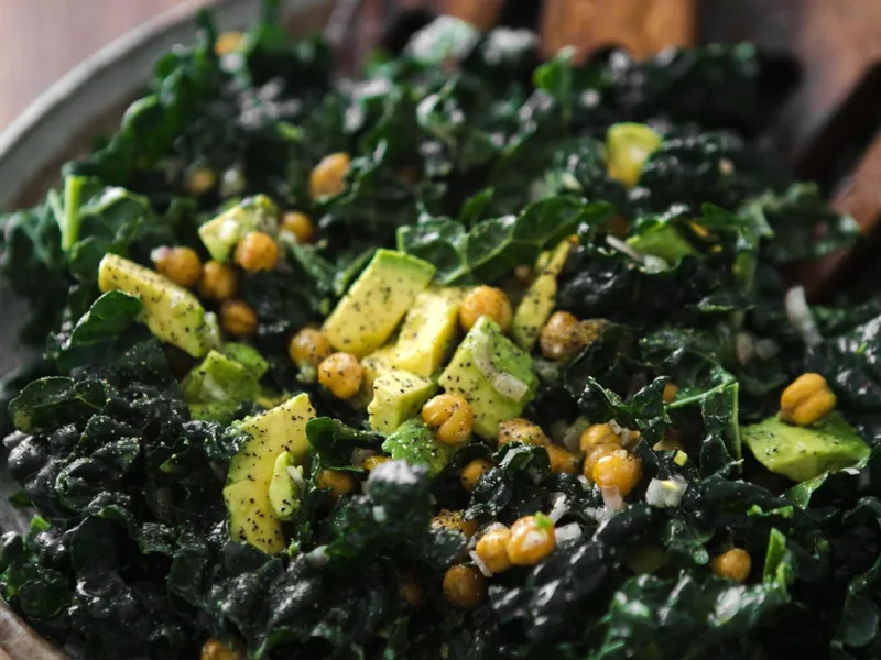 Crispy Broiled Chickpea and Avocado Kale Salad with Sherry Vinaigrette