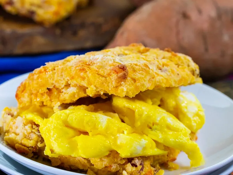 Sweet Potato Bacon Cheddar Biscuits - Savory Breakfast Bake