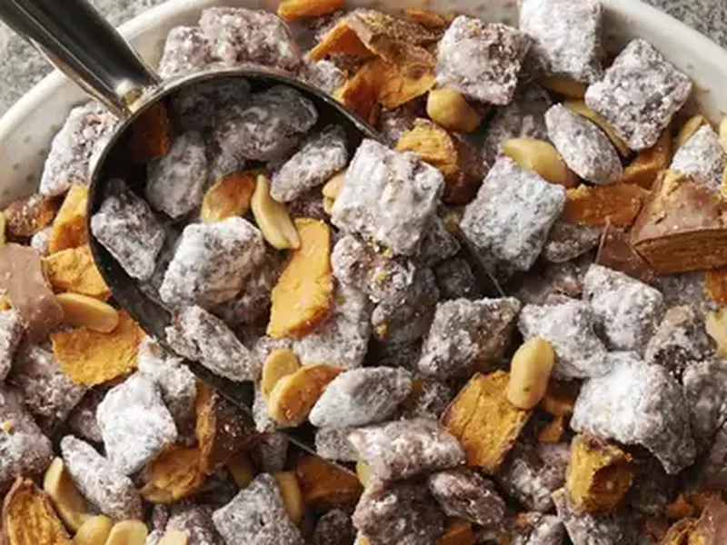 Chocolate Peanut Butter Chex Mix with Butterfinger Candy