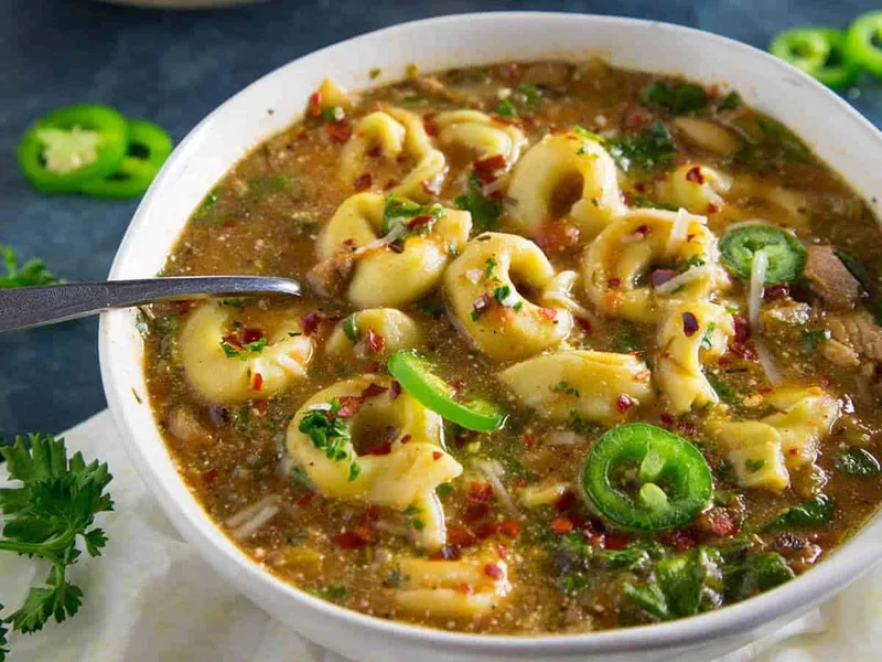 Zesty Chicken Tortellini Soup with White Beans and Peppers