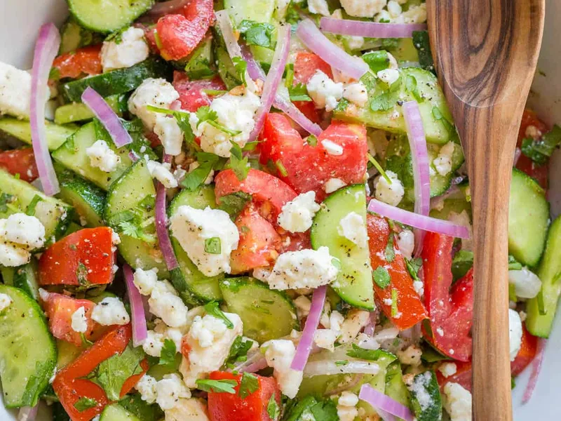 Fresh Tomato Cucumber Feta Salad with Cumin Dressing