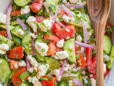 Fresh Tomato Cucumber Feta Salad with Cumin Dressing