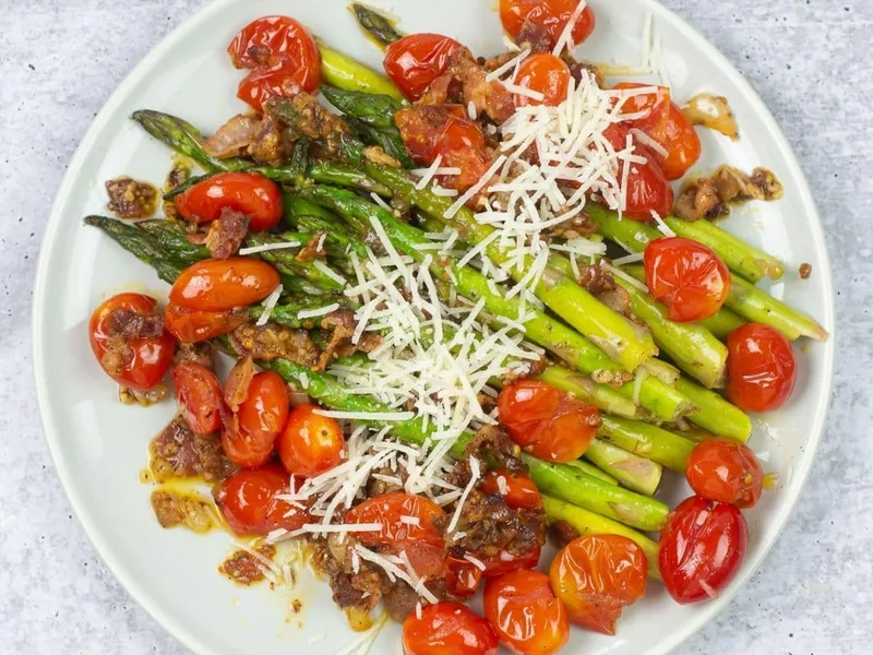 Sautéed Asparagus and Tomatoes with Bacon and Parmesan