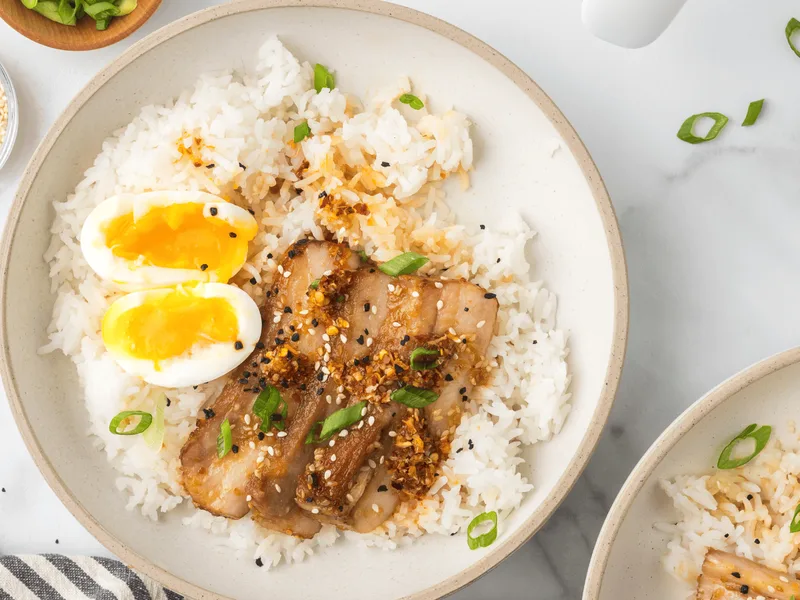 Air Fryer Glazed Pork Belly Rice Bowl with Soft-Boiled Eggs