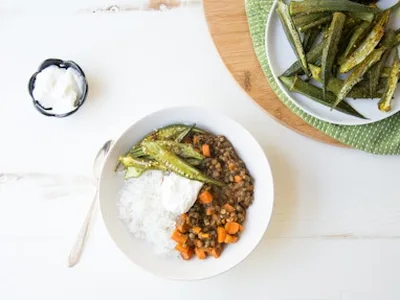 Curried Lentils with Roasted Spiced Okra and Basmati Rice