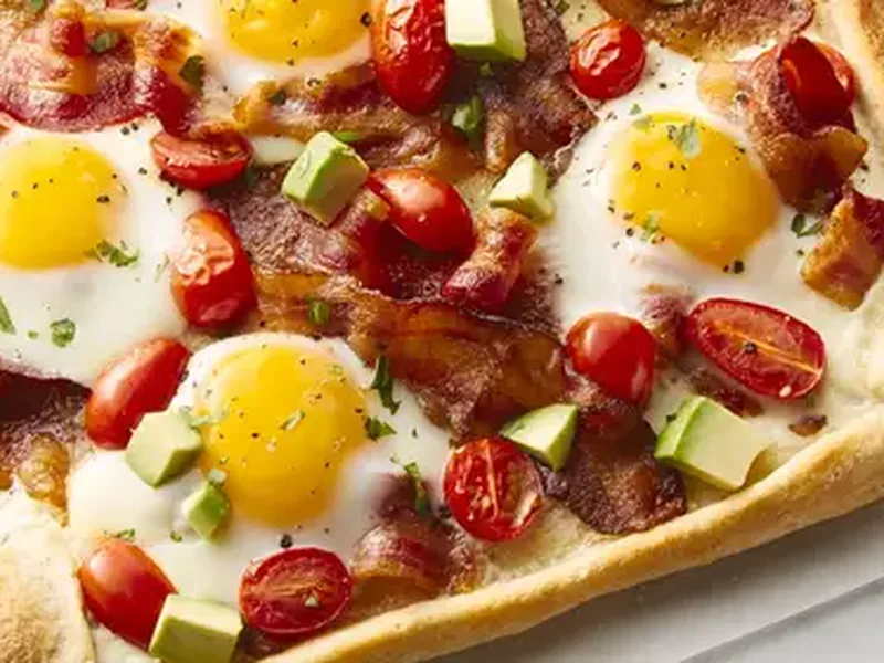 Bacon Egg Avocado Breakfast Pizza with Thin Crust