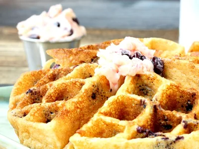 Fluffy Blueberry Cornmeal Waffles with Blueberry Butter