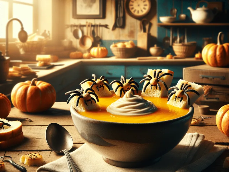 Creamy Squash Soup with Crispy Bread Spiders