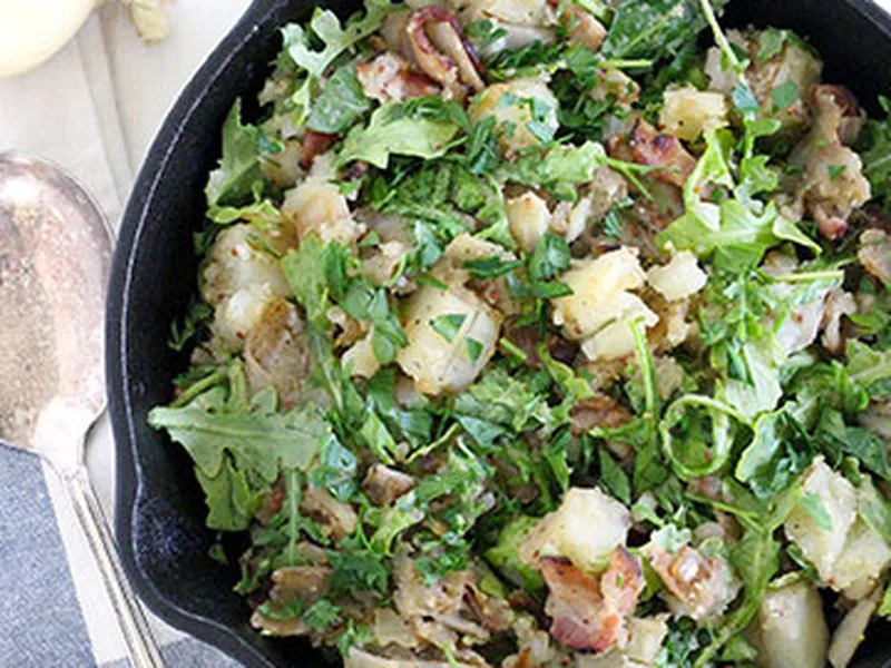 Warm Skillet Potato Salad with Bacon and Arugula