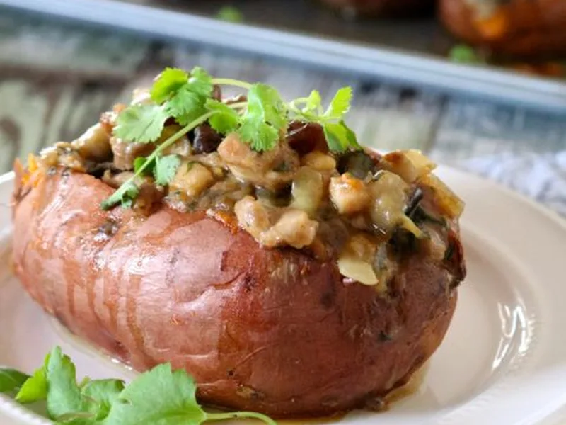 Moroccan Spiced Chicken Stuffed Sweet Potatoes