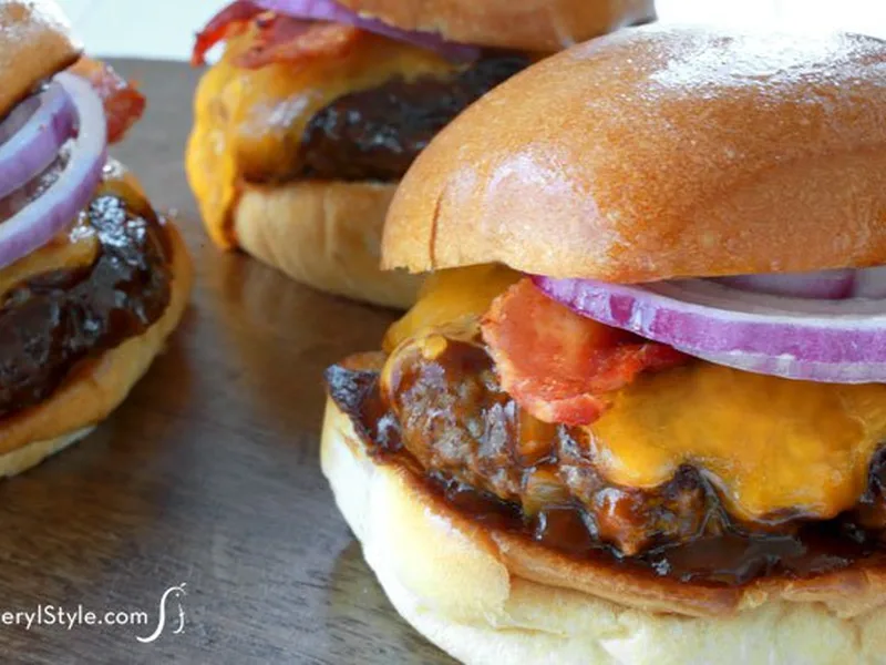 Smoky Whiskey BBQ Burgers with Bacon and Smoked Cheddar