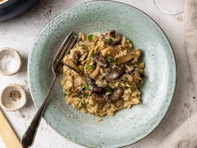 Creamy Risotto with Roasted Garlic and Sautéed Mushrooms