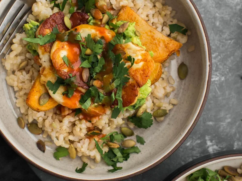 Halloumi Burrito Bowl with Roasted Potatoes and Guacamole