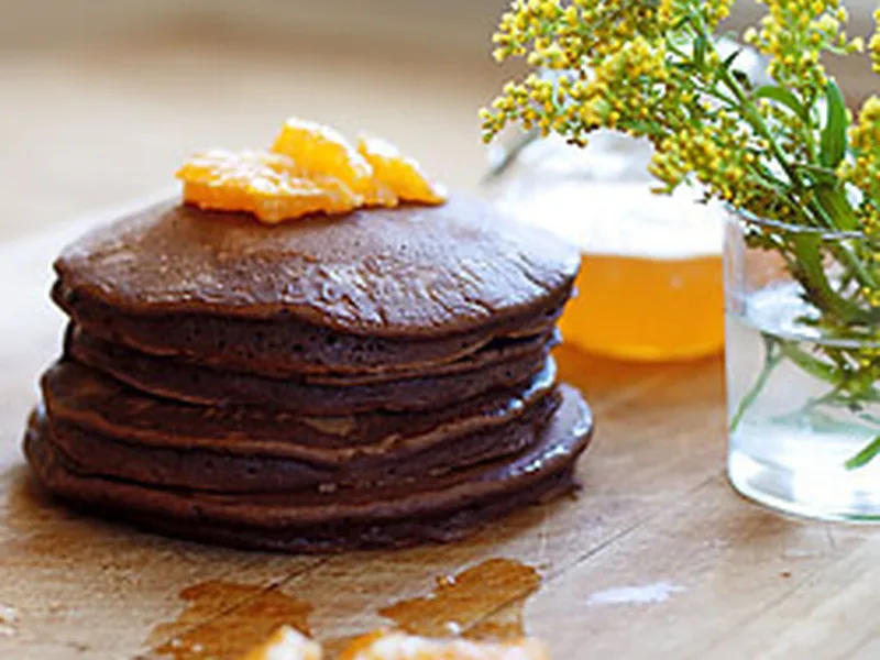 Chocolate Cardamom Pancakes with Orange Glaze