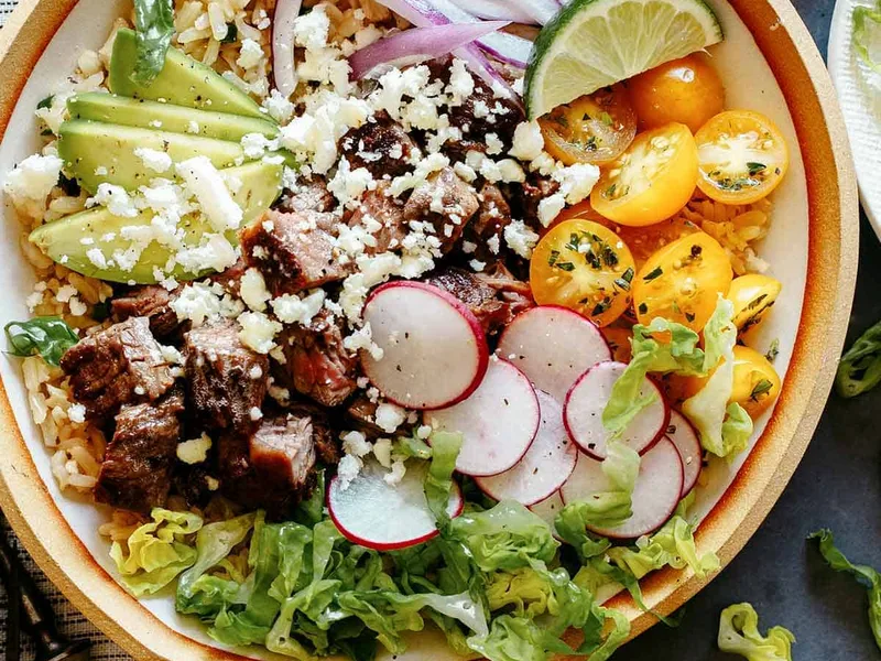 Carne Asada Burrito Bowl with Garlic-Infused Rice