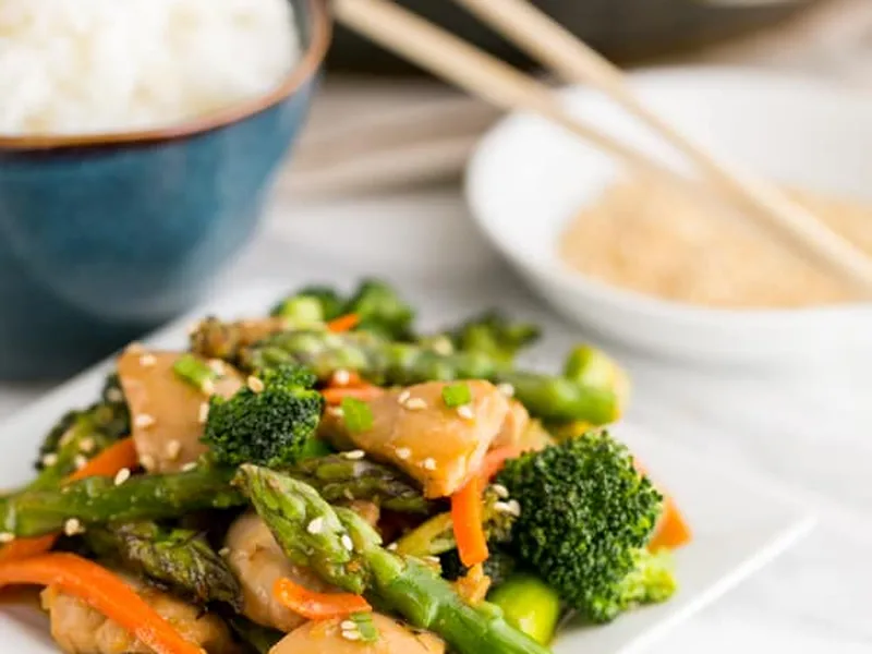 Orange Chicken and Vegetable Stir Fry with Sesame Seeds