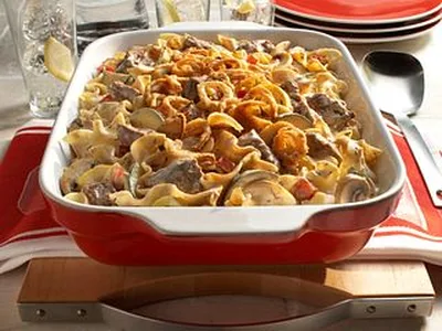 Beef and Mushroom Noodle Bake with Crispy Onions