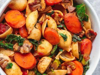 Vegan Gluten-Free Mushroom Pasta with Kale and Tomatoes