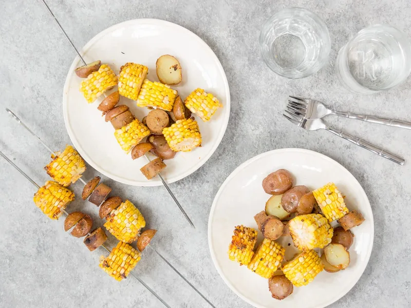 Cajun Vegan Sausage Potato Corn Kebabs
