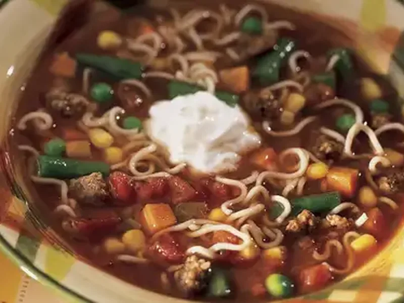 Quick Beef Ramen Noodle Soup with Mixed Vegetables