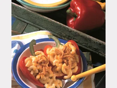 Stuffed Bell Pepper Mac and Cheese Boats with Crispy Onions