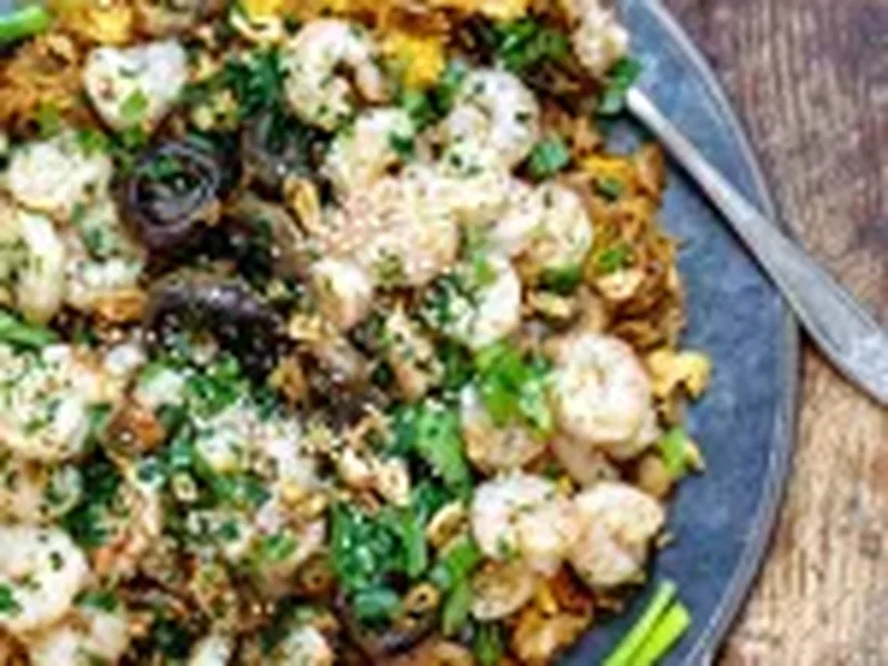 Honey Ginger Shrimp Fried Rice with Crispy Garlic