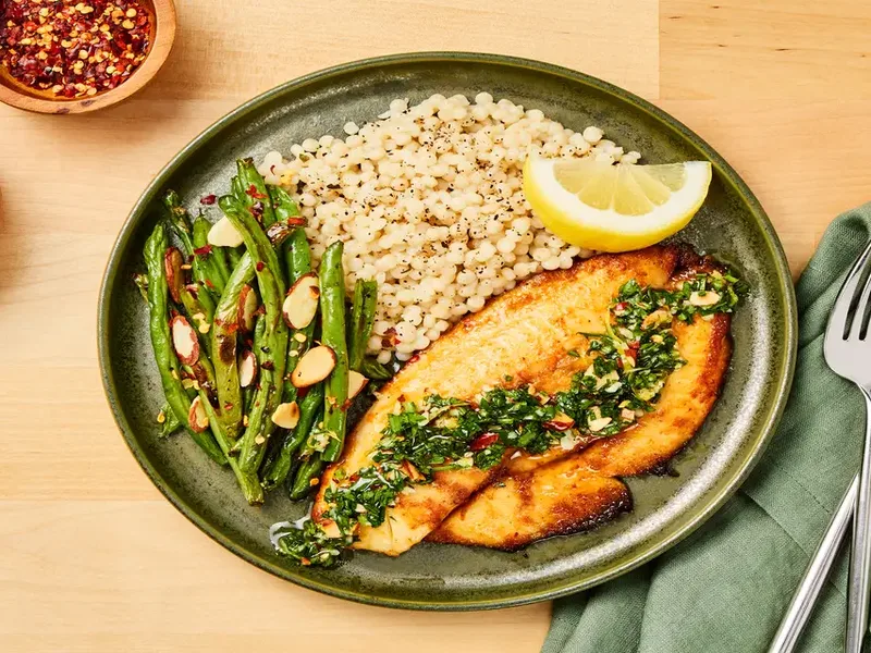 Roasted Tilapia with Almond-Parsley Gremolata and Green Beans