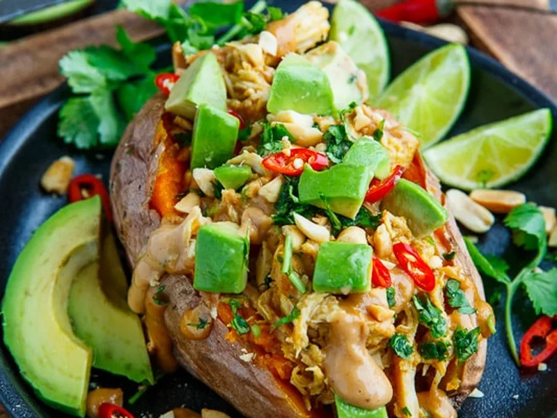 Slow Cooker Peanut Chicken Sweet Potato Boats