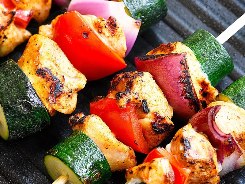 Chili Rubbed Chicken Skewers with Bell Peppers and Zucchini