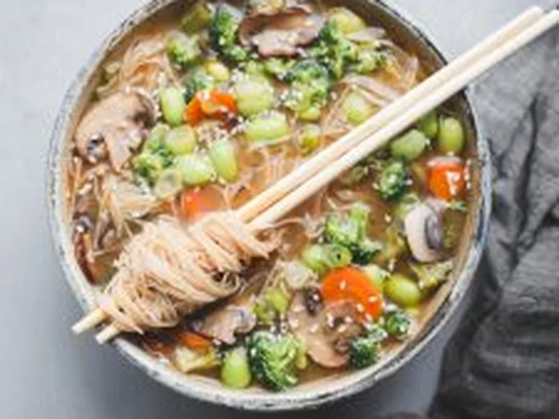 Quick Vegetable Noodle Miso Soup with Brown Rice Noodles
