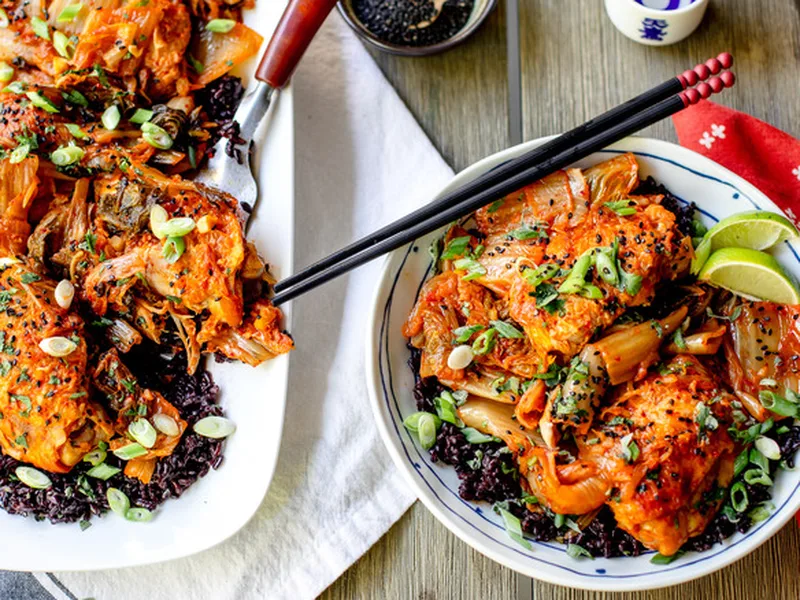 Crockpot Kimchi Chicken With Forbidden Rice