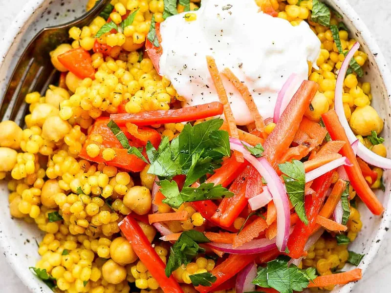 Lemon Garlic Israeli Couscous with Whipped Feta and Pickled Vegetables