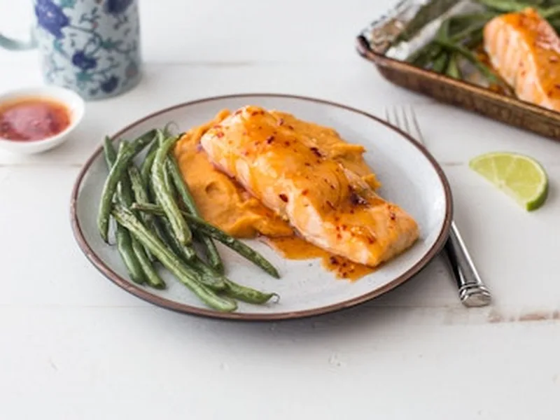 Sheet Pan Sweet Thai Chili Salmon with Green Beans