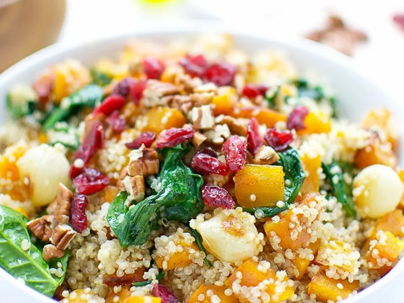 Roasted Butternut Squash Quinoa Bowl with Spinach and Cranberries