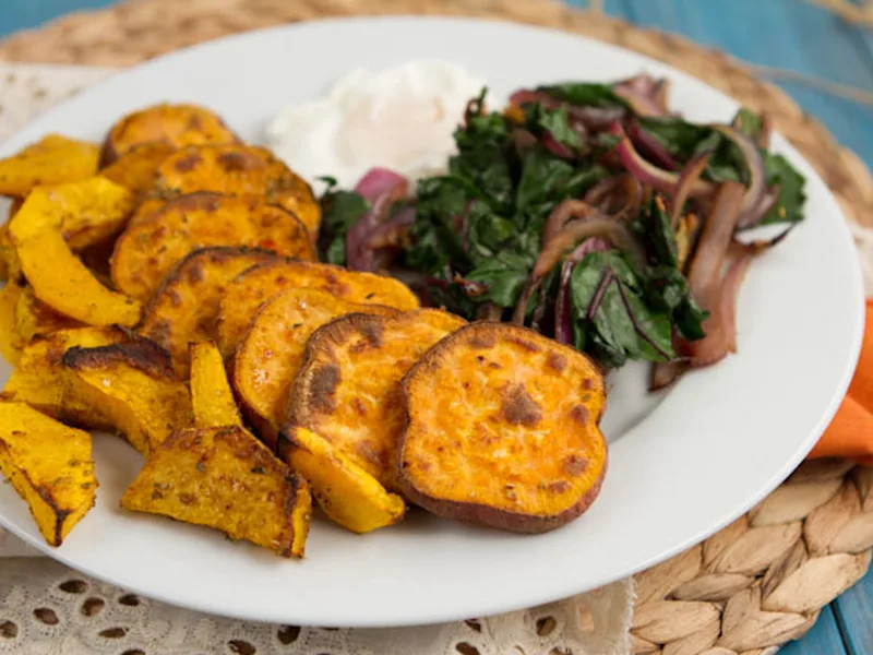 Roasted Chili Sweet Potato with Sauteed Beet Greens