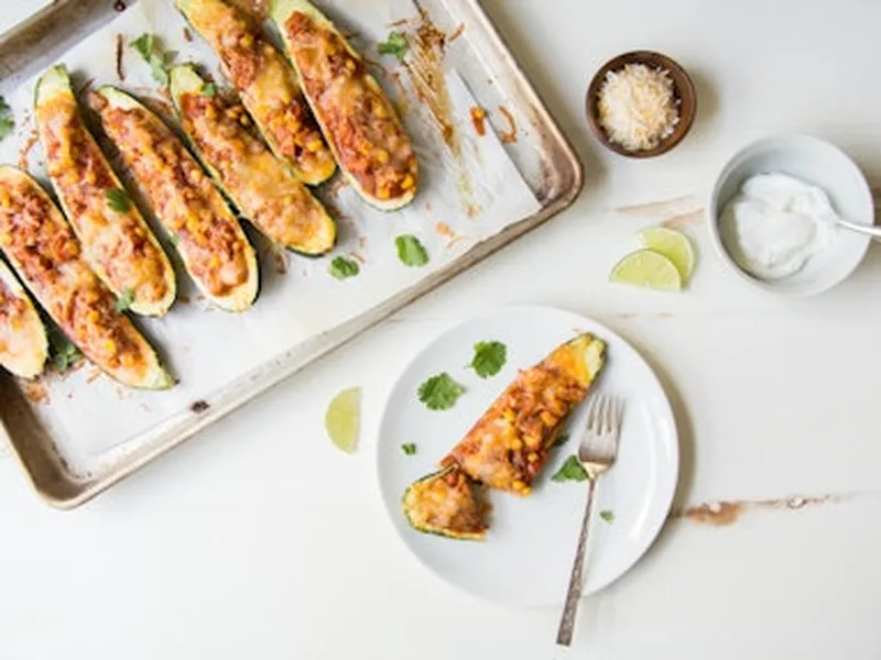 Chicken Enchilada Stuffed Zucchini with Homemade Guacamole
