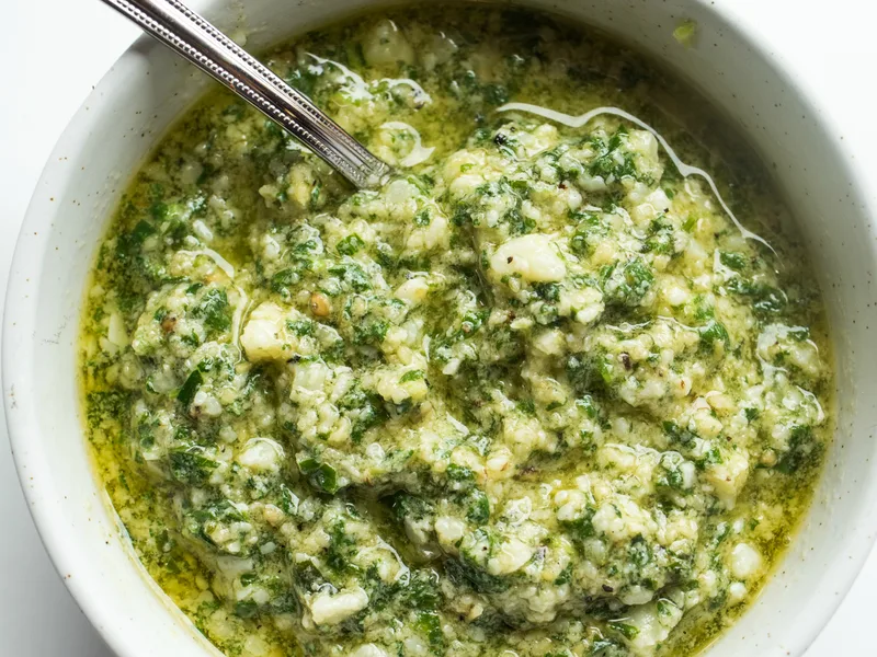 Basil Tarragon Pesto with Toasted Pine Nuts and Pecorino Romano