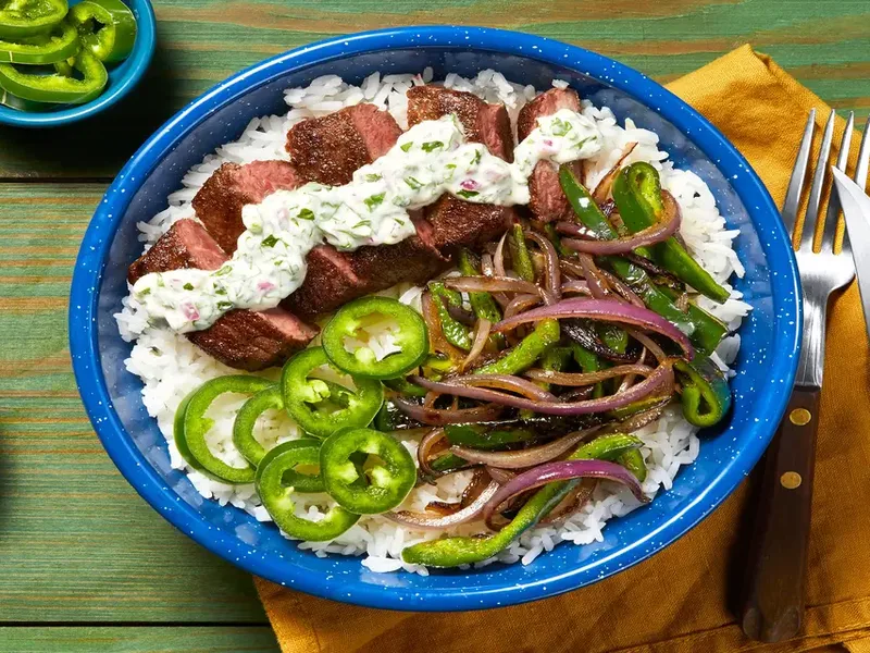 Creamy Cilantro Steak Bowls with Garlic Lime Rice