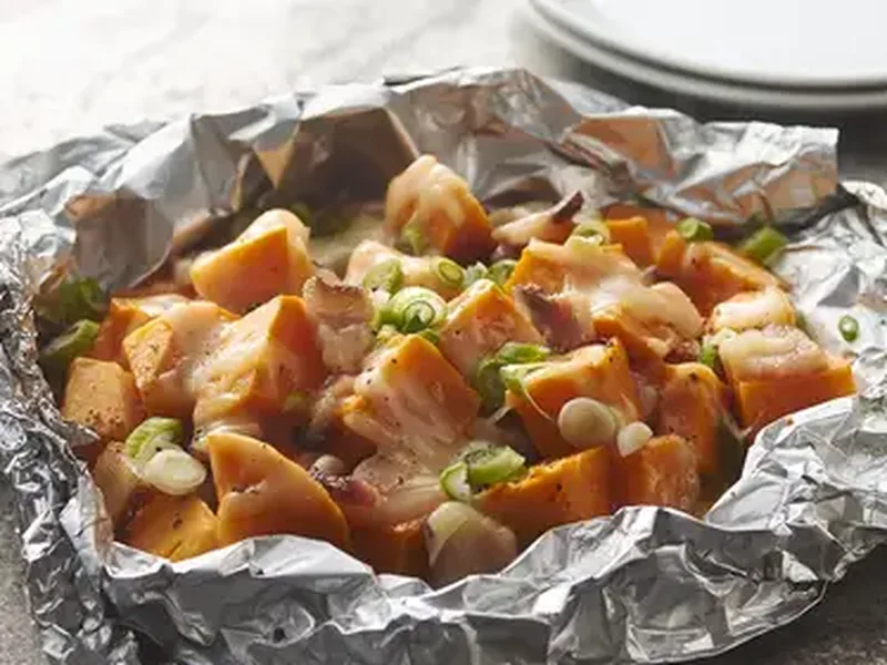 Sweet Potato and Bacon Foil Packs with Fontina Cheese