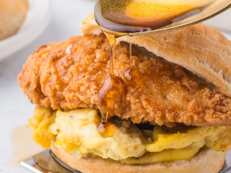 Air Fryer Chicken Biscuit Sandwiches with Maple Syrup